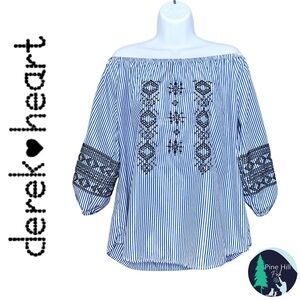 Derek Heart Off Shoulder Blouse 1X Blue White Stripes Embroidered Boho Peasant